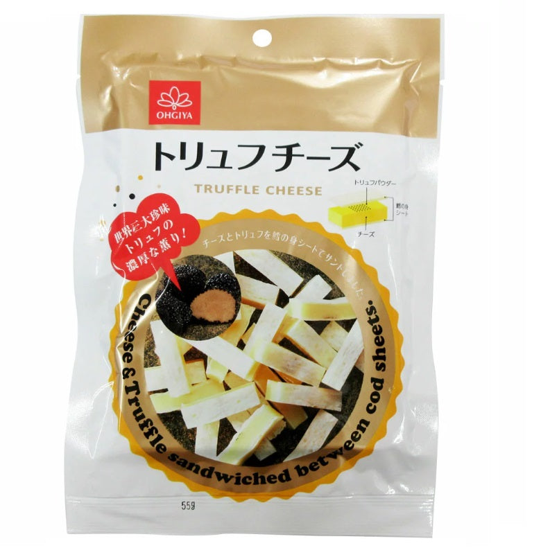 Truffle cheese with codfish paste in packaging, featuring truffle powder, dairy, wheat, soybean, and fish allergens. Front view of product.