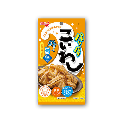 Crispy small sardine snack with Ako salt, aonori flavor, rich marudai soy sauce, high in calcium, packaged in orange bag.
