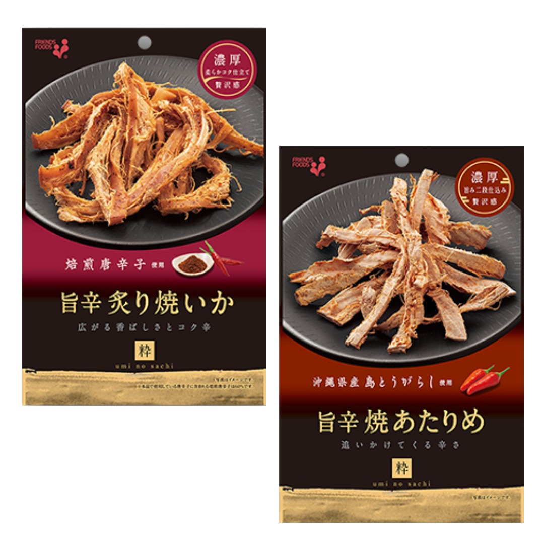 Spicy grilled dried squid packaging, featuring charred soy sauce flavor and Okinawan chili peppers, 140g.