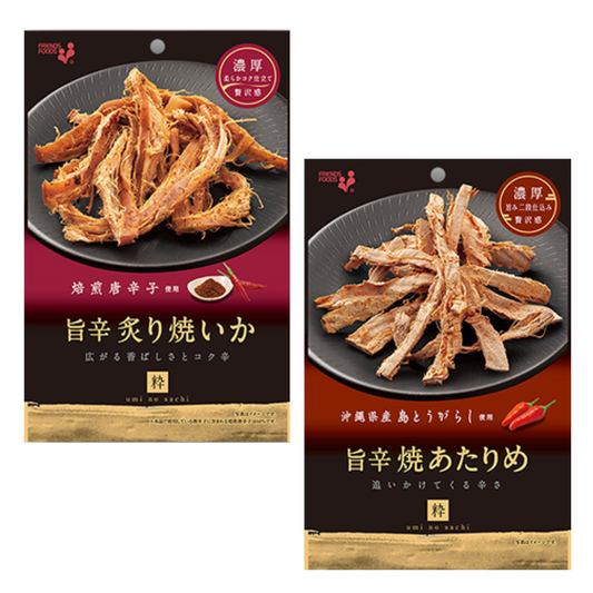 Spicy grilled dried squid packaging, featuring charred soy sauce flavor and Okinawan chili peppers, 140g.