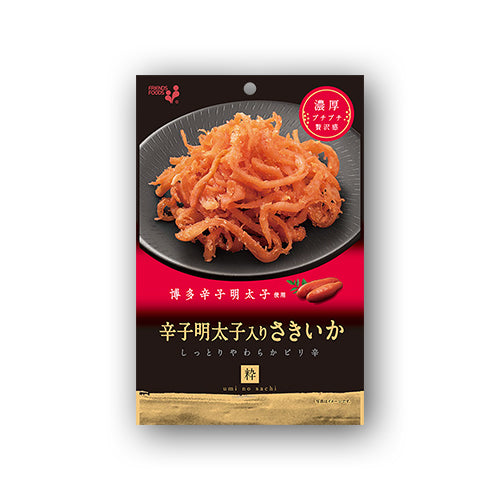 Dried shredded squid with kelp soy sauce flavoring, featuring spicy cod roe for added texture and tanginess in packaging.