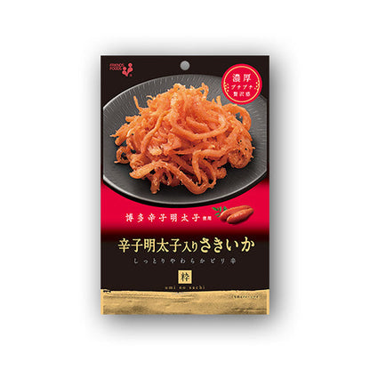 Dried shredded squid with kelp soy sauce flavoring, featuring spicy cod roe for added texture and tanginess in packaging.