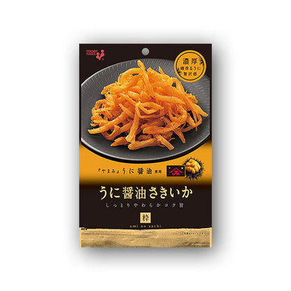 Pack of dried shredded squid flavored with kelp soy sauce, showing a plate of seasoned squid strips on the packaging.