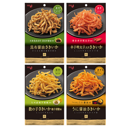 Assorted flavored dried shredded squid packs with kelp soy sauce, spicy cod roe, citrus chili paste, and crunchy textures.