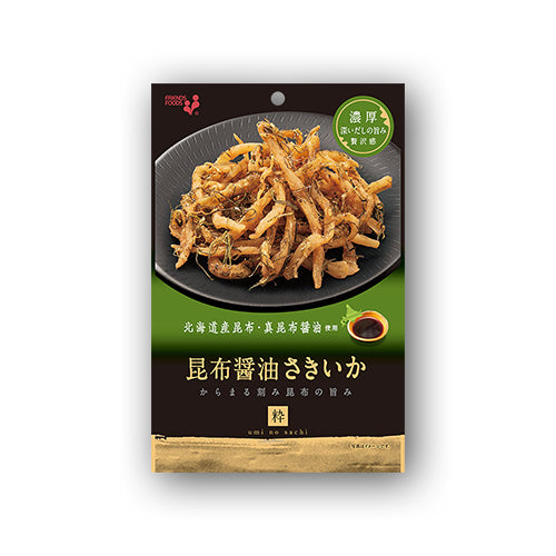 Package of dried shredded squid with kelp soy sauce flavor, highlighting the crunchy and tangy taste. Contains wheat, dairy, squid.