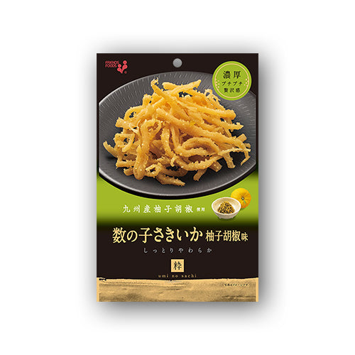 Pack of dried shredded squid seasoned with kelp soy sauce and citrus chili paste, highlighting kombu and tangy flavors.