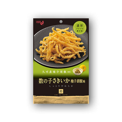 Pack of dried shredded squid seasoned with kelp soy sauce and citrus chili paste, highlighting kombu and tangy flavors.