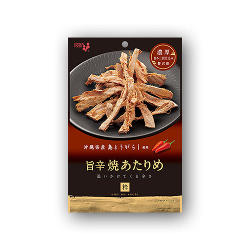 Grilled Dried Spicy Squid Yakiika with Soy Sauce and Red Pepper Flavor, Allergen Info: Wheat, Soybean, Squid, Atarime with Sweet and Spicy Sauce.
