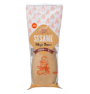 Bottle of sesame mayonnaise sauce with roasted sesame paste and golden seeds, perfect for sushi rolls, udon salad, and sandwiches.