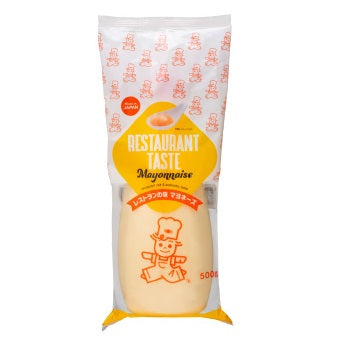 Restaurant Taste Mayonnaise in a yellow-tinted bottle, contains 17% egg yolk, mild taste, allergen info included.