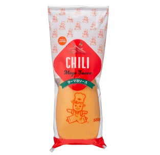 Chili Mayonnaise Sauce in orange packaging, perfect for drawing lines on dishes, enhances dumplings, fried foods, and ramen. Contains allergens.