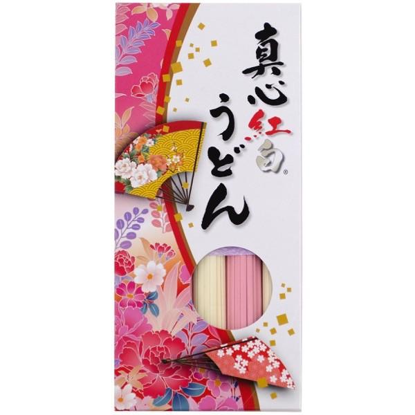 Red and white udon noodles 250g in decorative packaging, symbolizing New Year good omen. Contains wheat allergens.