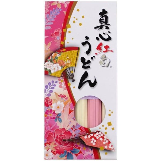 Red and white udon noodles 250g in decorative packaging, symbolizing New Year good omen. Contains wheat allergens.