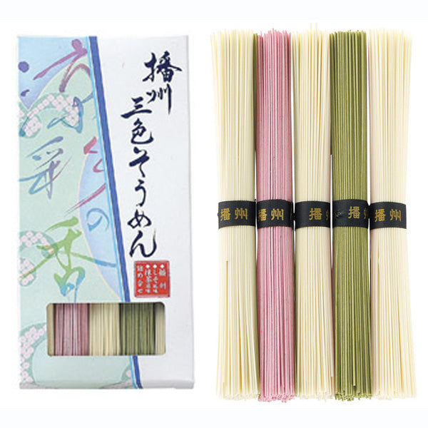 Banshu Three-color Somen 250g with shiso and matcha flavors, packaged showing colorful noodles. Contains wheat allergens.