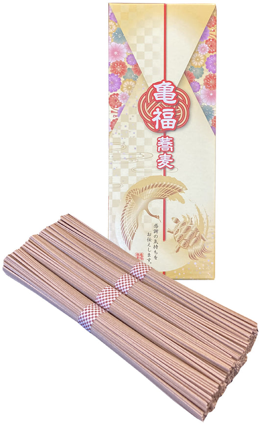 Kamefuku Soba 200g with gift packaging, firm buckwheat noodles ideal for celebrations. Contains wheat and buckwheat allergens.