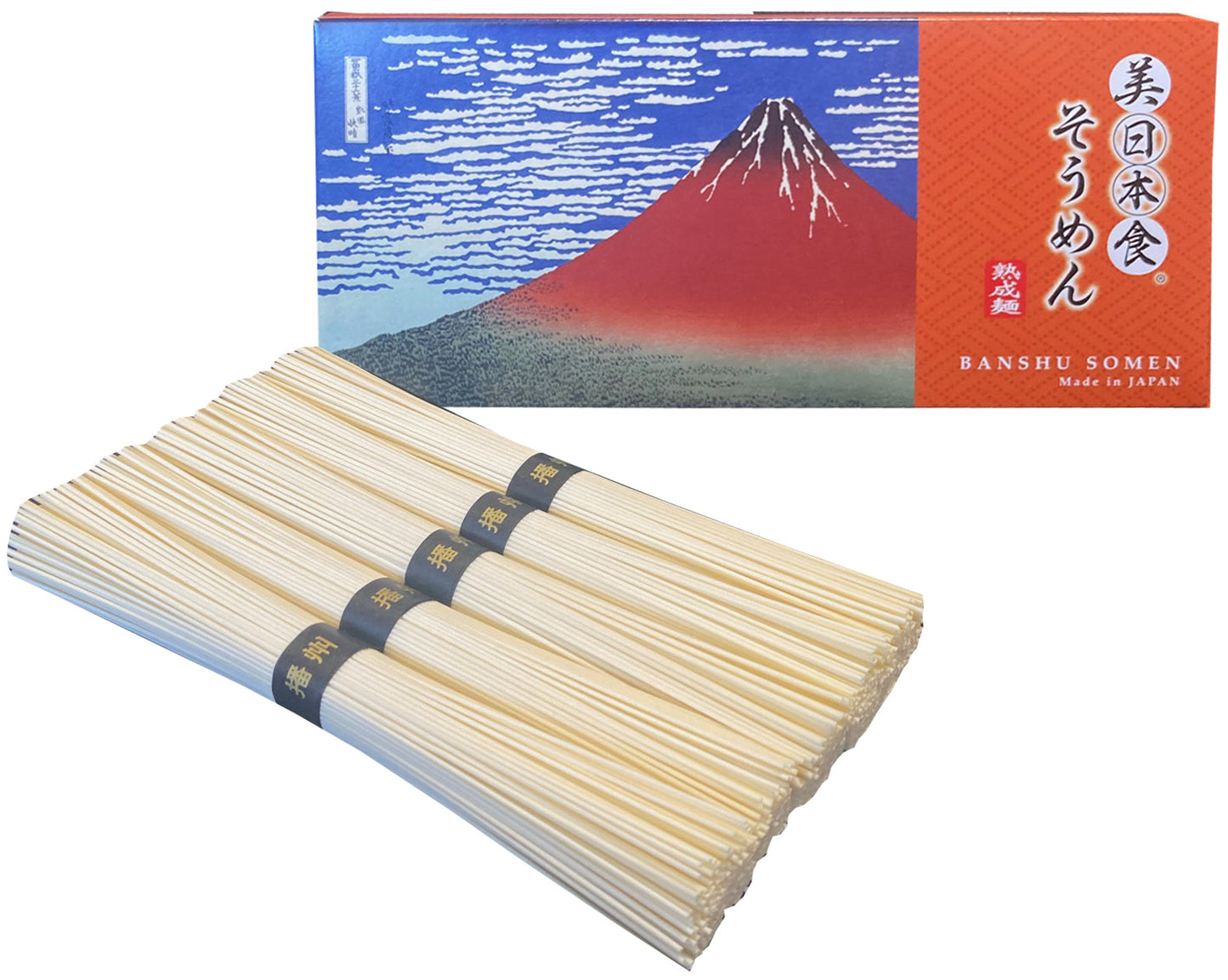 Banshu Somen noodles in elegant paper box packaging with traditional design, ideal as a gift or souvenir. Contains wheat allergens.