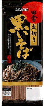 Thick and Black Soba Noodle package with strong texture, featuring black and hearty soba perfect for satisfying meals. Contains wheat, buckwheat.