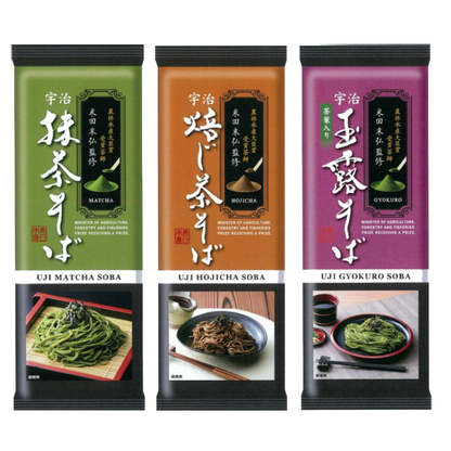 KANESU tea-flavored soba noodles with matcha, hojicha, and gyokuro flavors, honoring Japanese tea master's award-winning expertise.