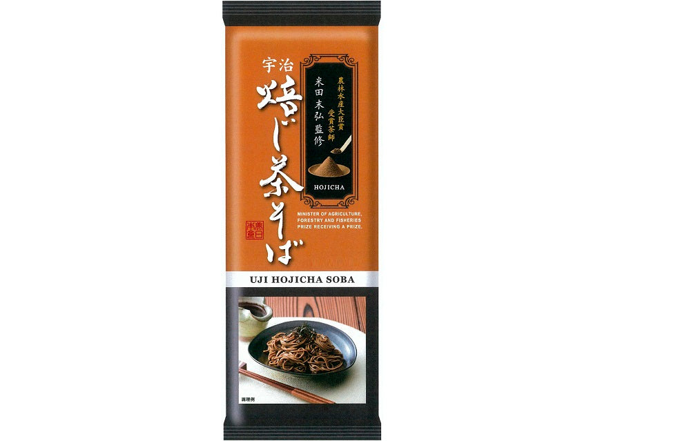 KANESU Uji Hojicha Soba Noodle Packaging with image of prepared soba in a bowl, highlighting roasted tea flavor and authenticity.
