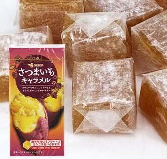 Sweet Potato Caramel candies and packaging, highlighting moist texture and gentle sweetness, contains dairy and soybean allergens.