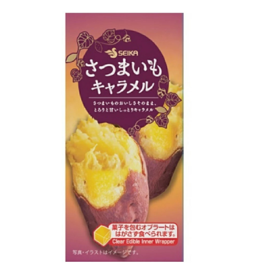 Sweet Potato Caramel 14P packaging showing moist texture and sweet flavor, contains dairy and soybean allergens.