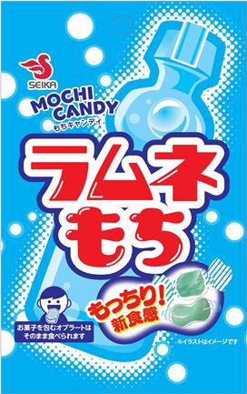 Package of Ramune Mochi Soft Candy with sticky texture, featuring juicy ramune soda flavor and containing soybean allergens.