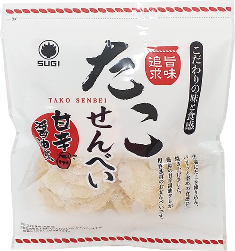 SUGI Octopus Rice Cracker in spicy sweet soy sauce flavor packaging, featuring Tako Senbei with Japanese text and logo.