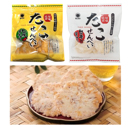 SUGI Octopus Rice Cracker packets in spicy sweet soy sauce and seven spice flavors, with crispy rice crackers on a plate.