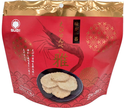 Shrimp Rice Cracker Miyabi package with vibrant red design and shrimp illustration, highlighting rich shrimp flavor maximized.