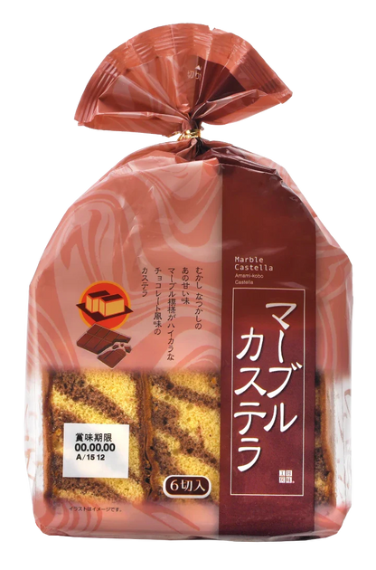 Package of Moist Castella 6P with six slices, featuring choco marble and plain flavors. Contains allergens: egg, wheat, dairy, soybean.