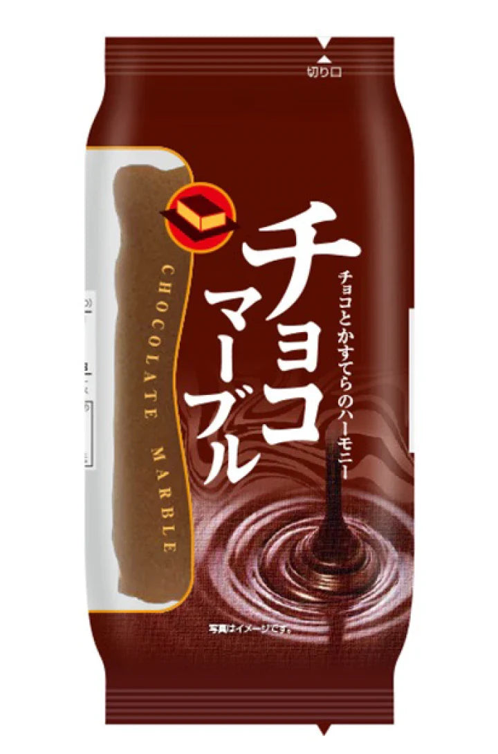 Choco Marble Castella cake packaging with rich chocolate swirl design and Japanese text.
