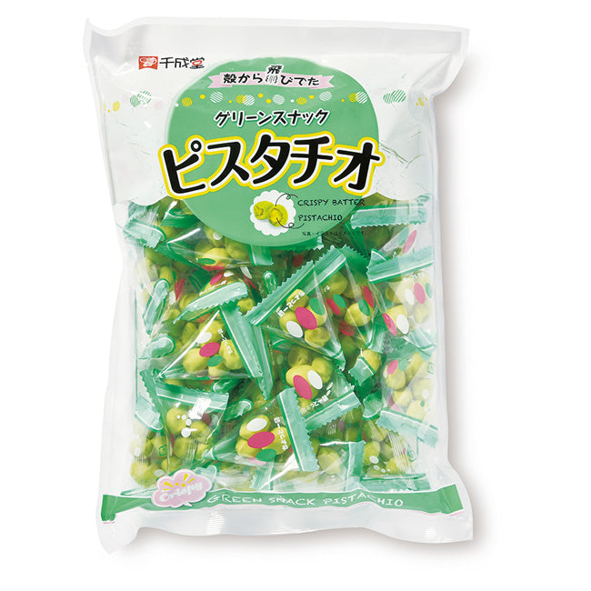 Package of green snack pistachios with crispy batter, showcasing shelled pistachios enriched with wasabi flavor, front packaging view.