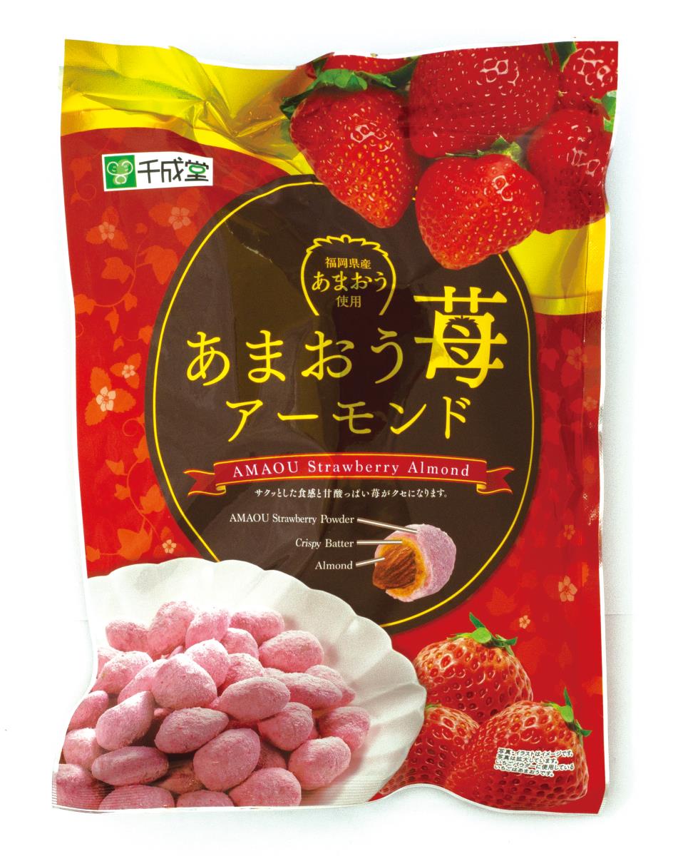 Amaou Strawberry Almond 215g packaging featuring roasted almonds coated with strawberry powder and crispy batter from Fukuoka.