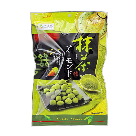 Package of Matcha Almond 100g - Crunchy fragrant almonds wrapped in aromatic matcha. Contains dairy and almond allergens.