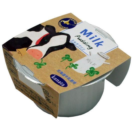 Hokkaido Milk Pudding in packaging with cow illustration and blue label, highlighting dairy, egg, and soybean allergens.