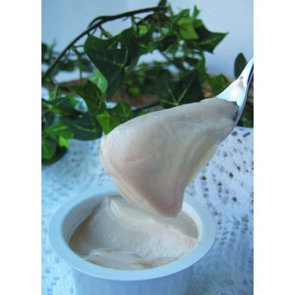Creamy Hokkaido milk pudding in a cup, shown on a spoon. Contains dairy, egg, and soybean allergens.