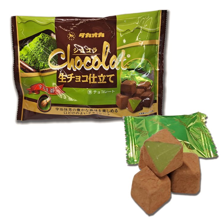 Takaoka Japanese Ganache Nama-Chocolate with Uji Green Tea, showcasing rich flavor and melt-in-your-mouth texture.