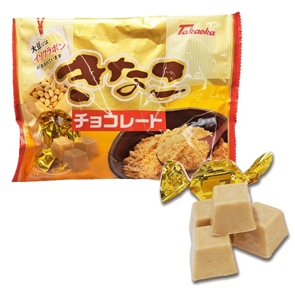 Takaoka Soybean Chocolate with Hokkaido azuki beans and kinako flavor, packaged with cubes displayed, caution for heat above 28°C.