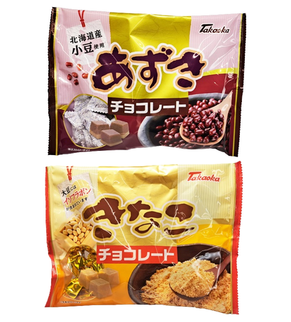 Takaoka Soybean Chocolate with Hokkaido azuki beans and kinako flavor packaging, highlighting rich flavor and texture.