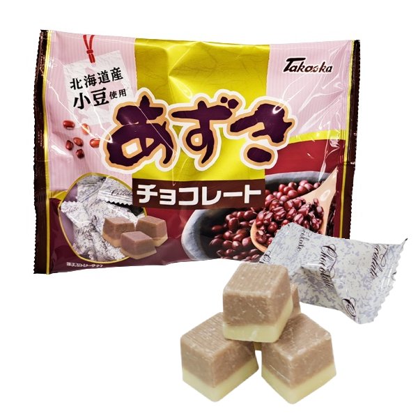 Takaoka Azuki Bean Chocolate with Hokkaido beans, featuring kinako flavor; packaged chocolates displayed with textured squares.