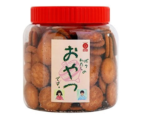 Oyatsu Millet Biscuit 470g jar with crunchy, savory, oil-fried cookies, featuring a balance of saltiness and sweetness. Contains wheat.