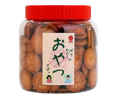 Oyatsu Millet Biscuit 470g jar with crunchy, savory, oil-fried cookies, featuring a balance of saltiness and sweetness. Contains wheat.