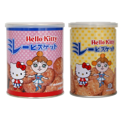 Hello Kitty Millet Biscuits in can, savory oil-fried cookies with crunchy texture, light saltiness, and sweetness; allergens: wheat, soybean.
