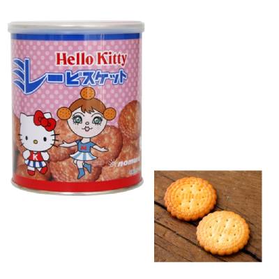 Hello Kitty Millet Biscuit can with two oil-fried cookies, showcasing a crunchy texture and balanced saltiness and sweetness.