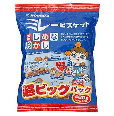 Super Big Millet Biscuit in blue packaging, large capacity with 16 mini-packs, crunchy oil-fried cookies, savory sweet snack.