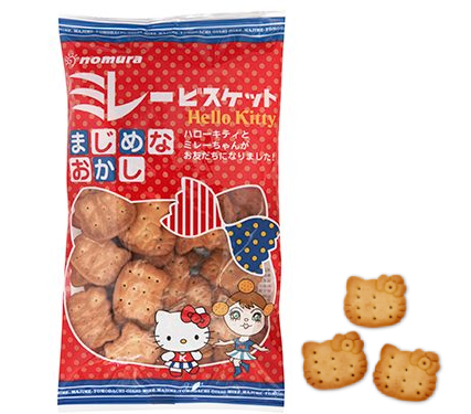 Nomura Hello Kitty Millet Biscuit package featuring Hello Kitty character, crunchy savory cookies with light saltiness and sweetness.