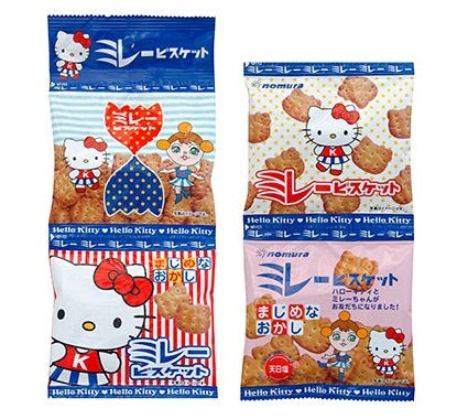 Millet Biscuit Hello Kitty 4 Packs, savory snacks with crunchy texture, light saltiness,  featuring Hello Kitty design, contains wheat