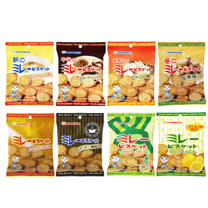 Variety pack of flavored millet biscuits in colorful packaging, featuring savory and crunchy snacks with sweet and salty taste.
