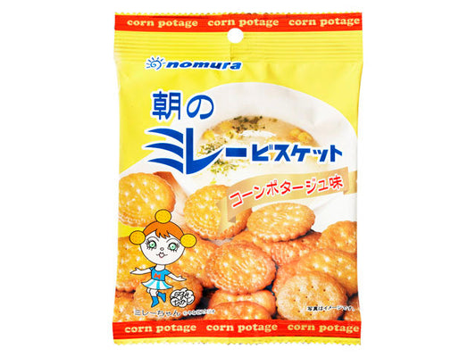 Nomura corn potage flavored millet biscuit packaging with savory, crunchy texture and balanced sweet and salty taste.