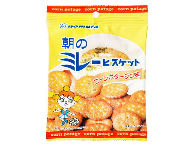 Nomura corn potage flavored millet biscuit packaging with savory, crunchy texture and balanced sweet and salty taste.